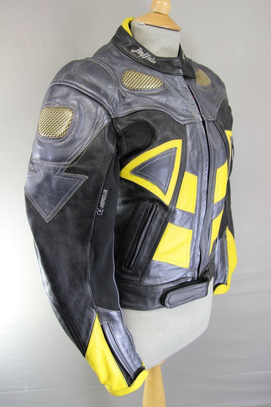 BUFFALO SILVER/BLACK/YELLOW LEATHER BIKER JKT + CE ARMOUR/THERMAL LINING SIZE 12