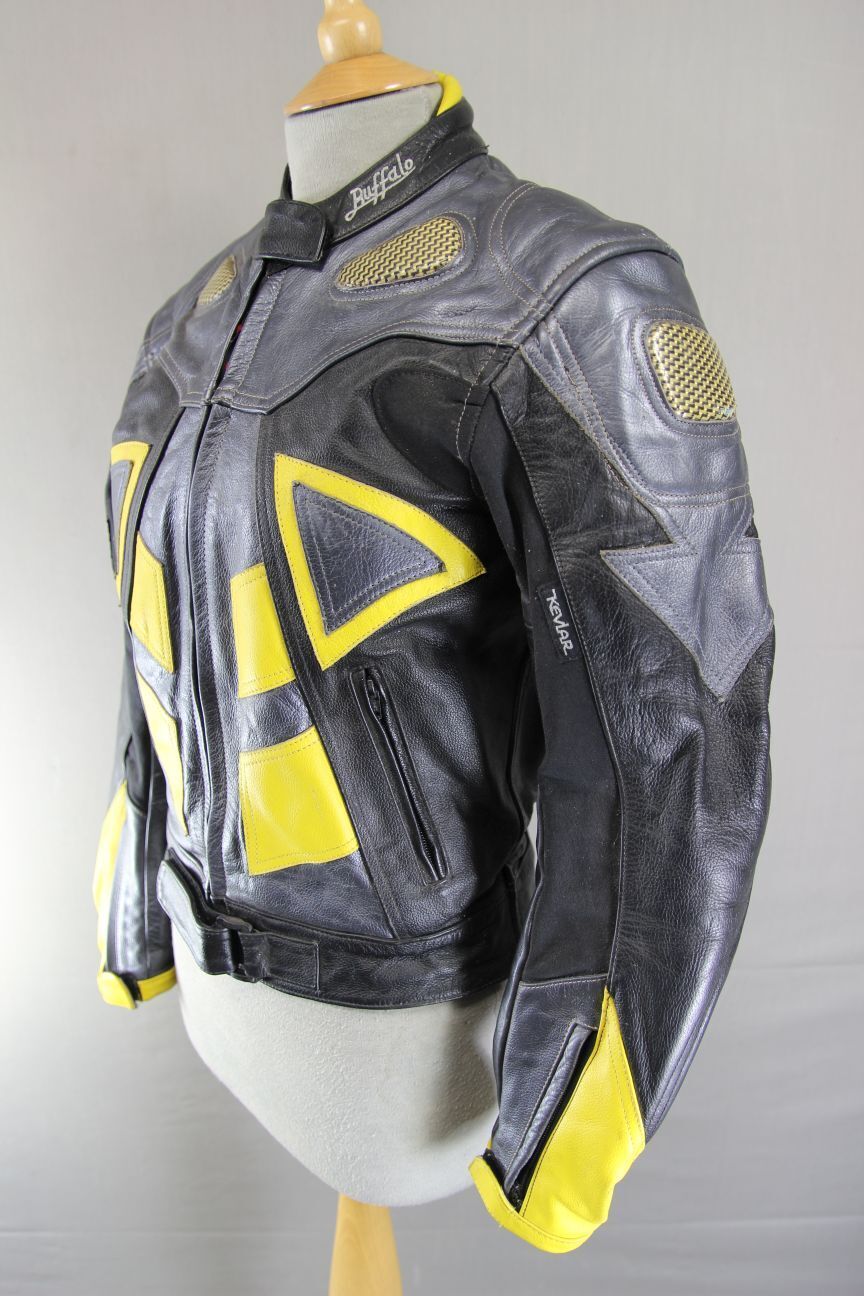 BUFFALO SILVER/BLACK/YELLOW LEATHER BIKER JKT + CE ARMOUR/THERMAL LINING SIZE 12