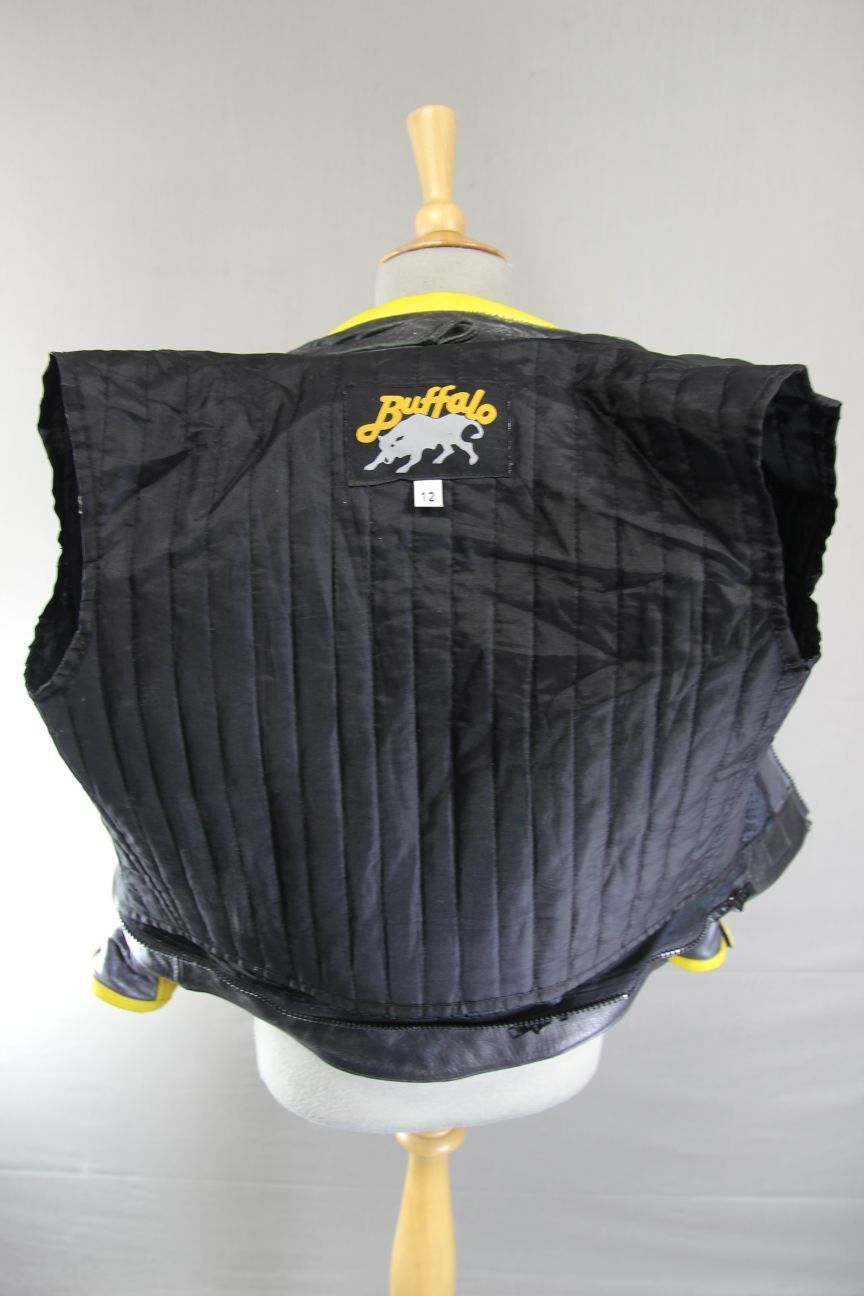 BUFFALO SILVER/BLACK/YELLOW LEATHER BIKER JKT + CE ARMOUR/THERMAL LINING SIZE 12