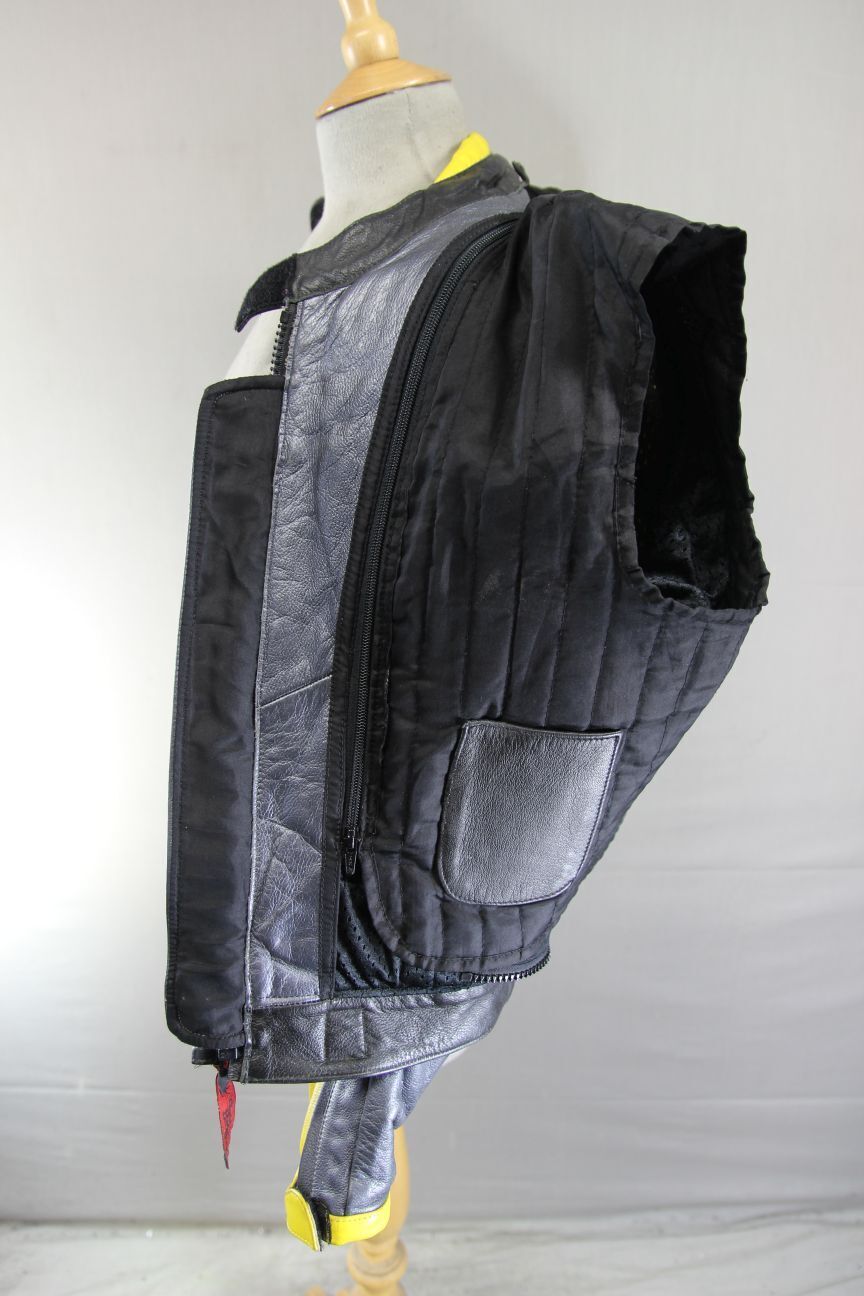 BUFFALO SILVER/BLACK/YELLOW LEATHER BIKER JKT + CE ARMOUR/THERMAL LINING SIZE 12