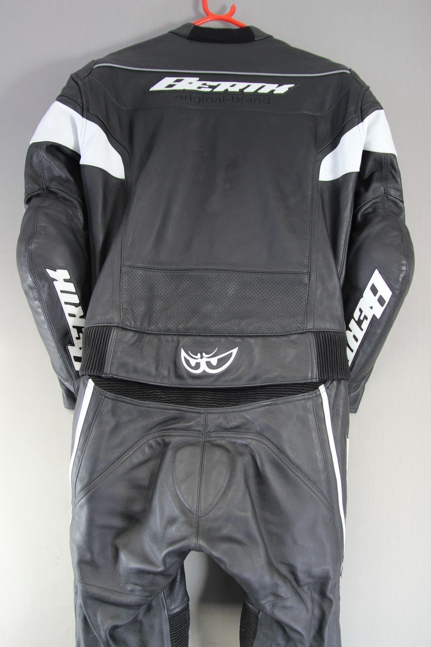 BERIK 2 PIECE BLACK & WHITE LEATHER BIKER SUIT + CE ARMOUR & KNEE SLIDERS 40 IN