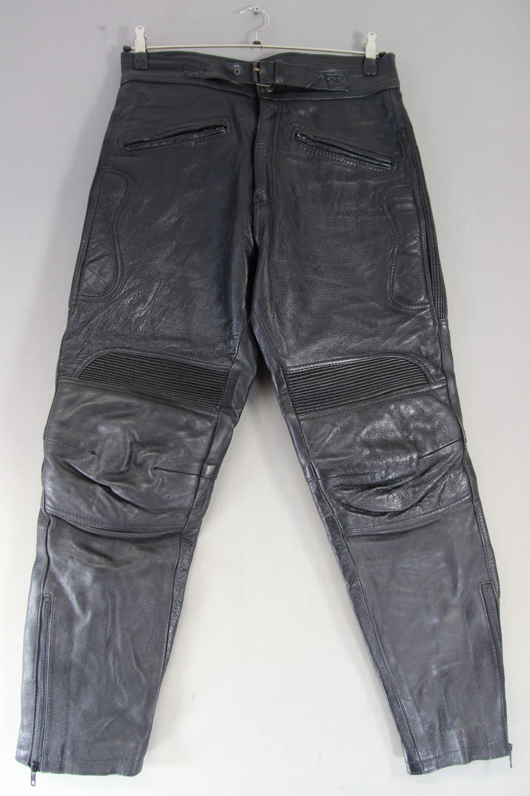 SKIN BLACK COWHIDE LEATHER BIKER TROUSERS: WAIST 32 INCH/INSIDE LEG 30 INCH