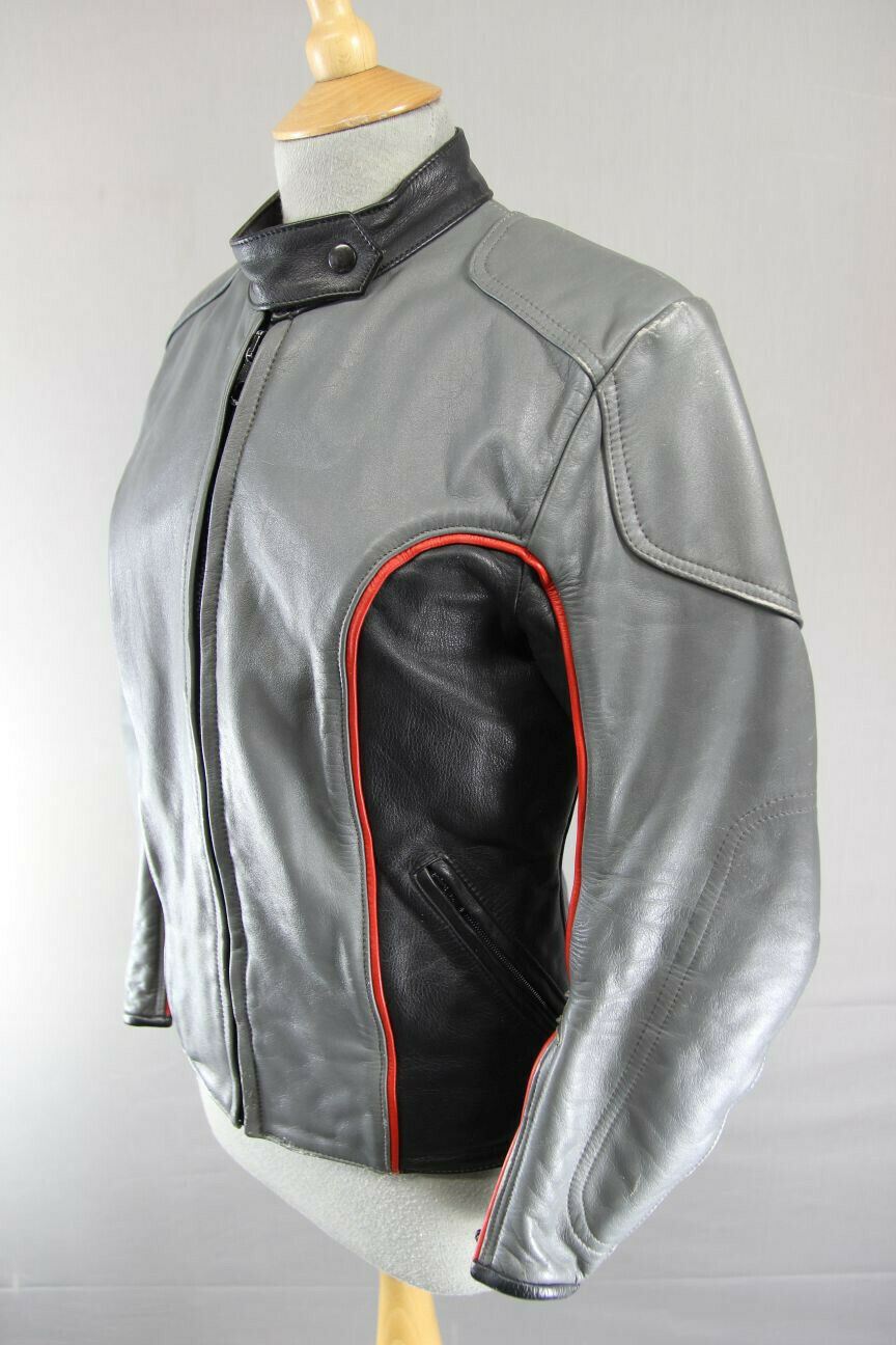 VINTAGE BRITISH MADE GREY & BLACK SWIFT LEATHERS LADIES CAFE RACER JACKET 34 IN