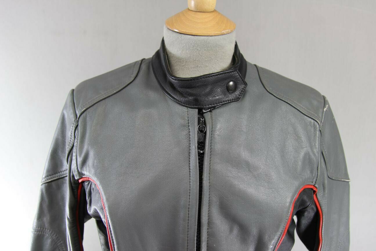 VINTAGE BRITISH MADE GREY & BLACK SWIFT LEATHERS LADIES CAFE RACER JACKET 34 IN