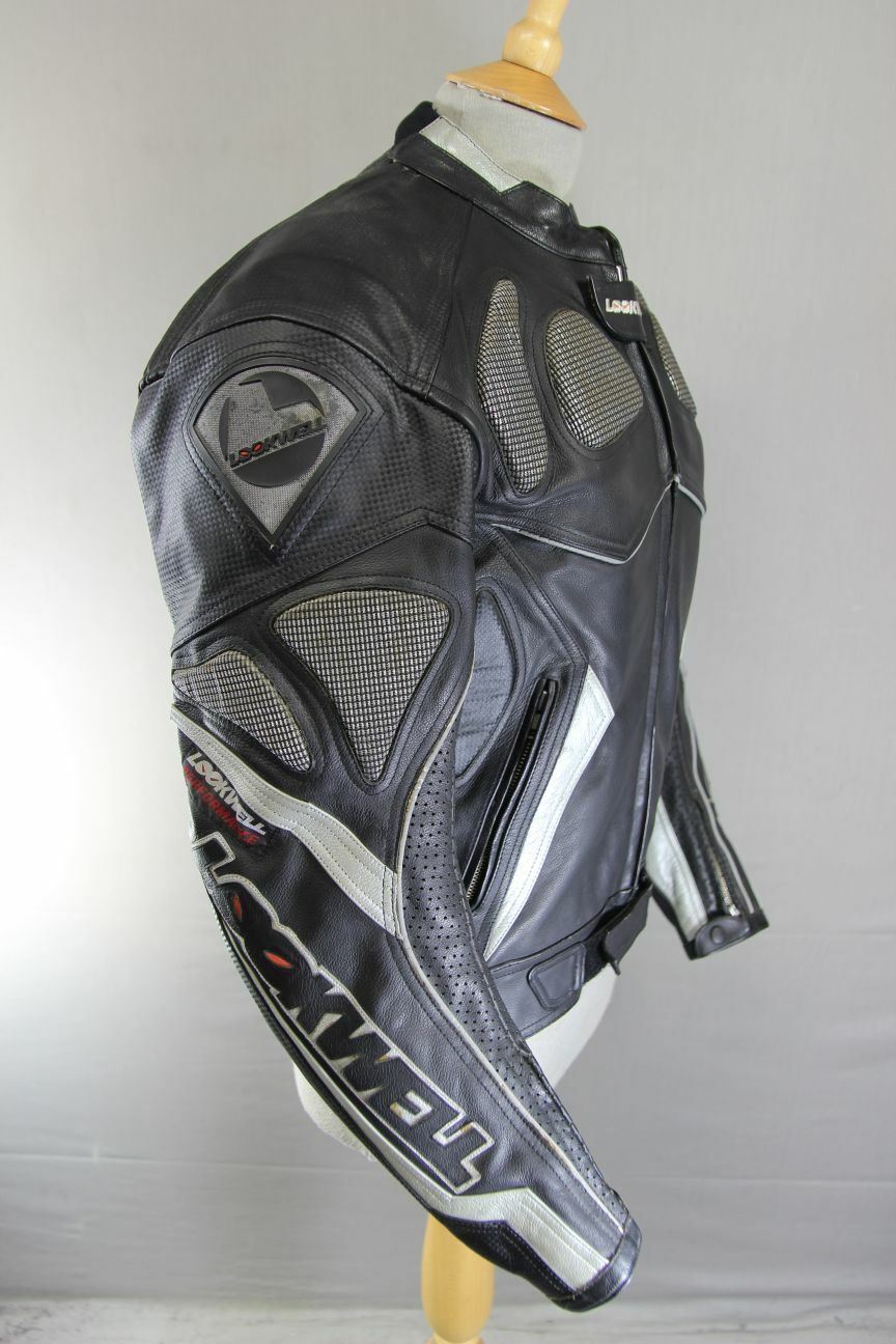 LOOKWELL BLACK & SILVER LEATHER BIKER JACKET WITH CE ARMOUR & THERMAL LINING 38"