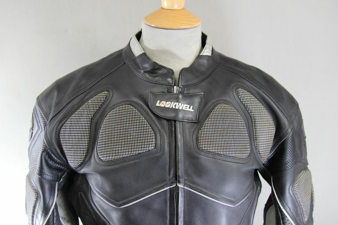 LOOKWELL BLACK & SILVER LEATHER BIKER JACKET WITH CE ARMOUR & THERMAL LINING 38"