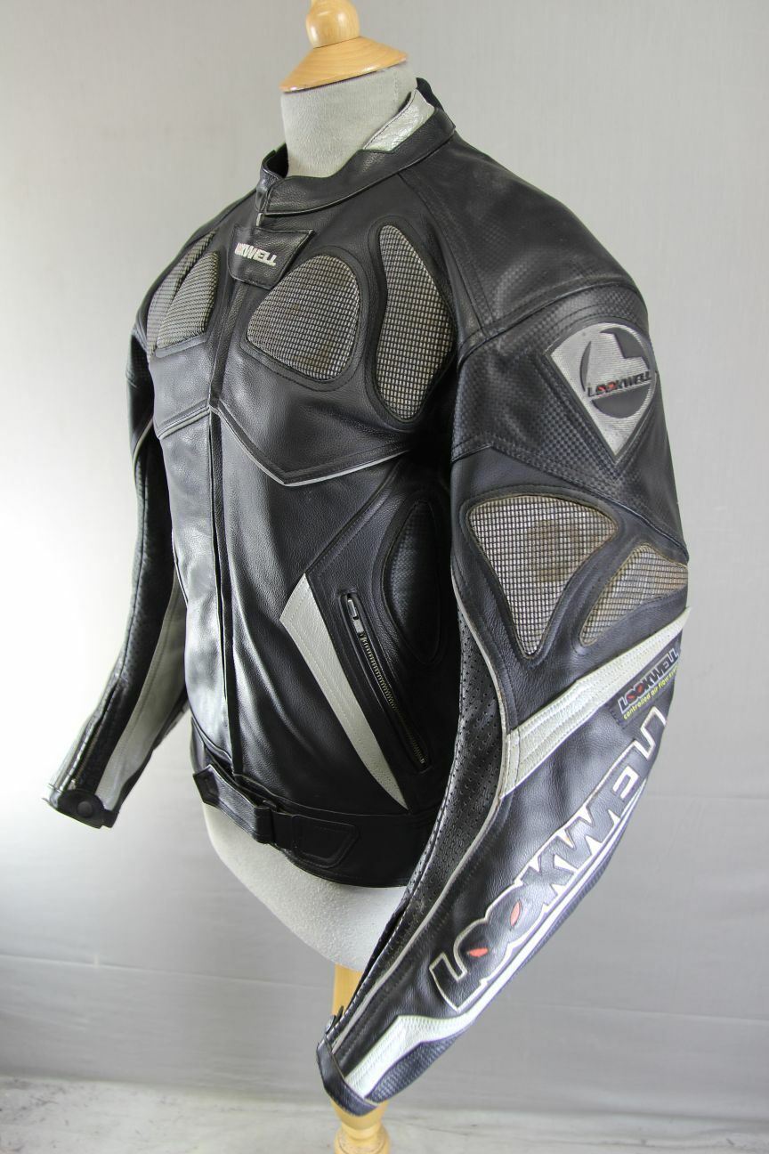 LOOKWELL BLACK & SILVER LEATHER BIKER JACKET WITH CE ARMOUR & THERMAL LINING 38"