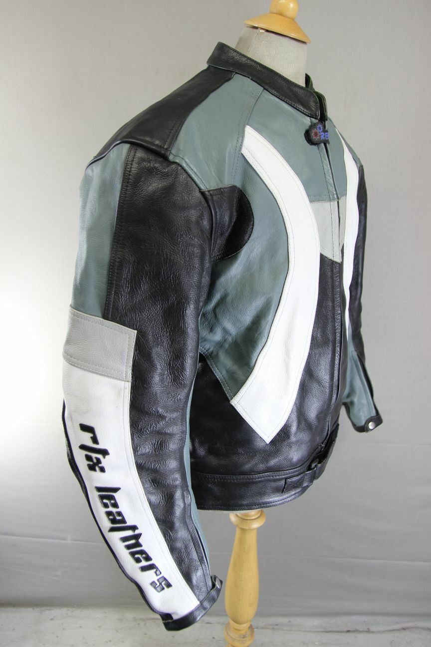 RELTEX BLACK, GREY, WHITE & SILVER LEATHER BIKER JACKET WITH CE ARMOUR 42 INCH