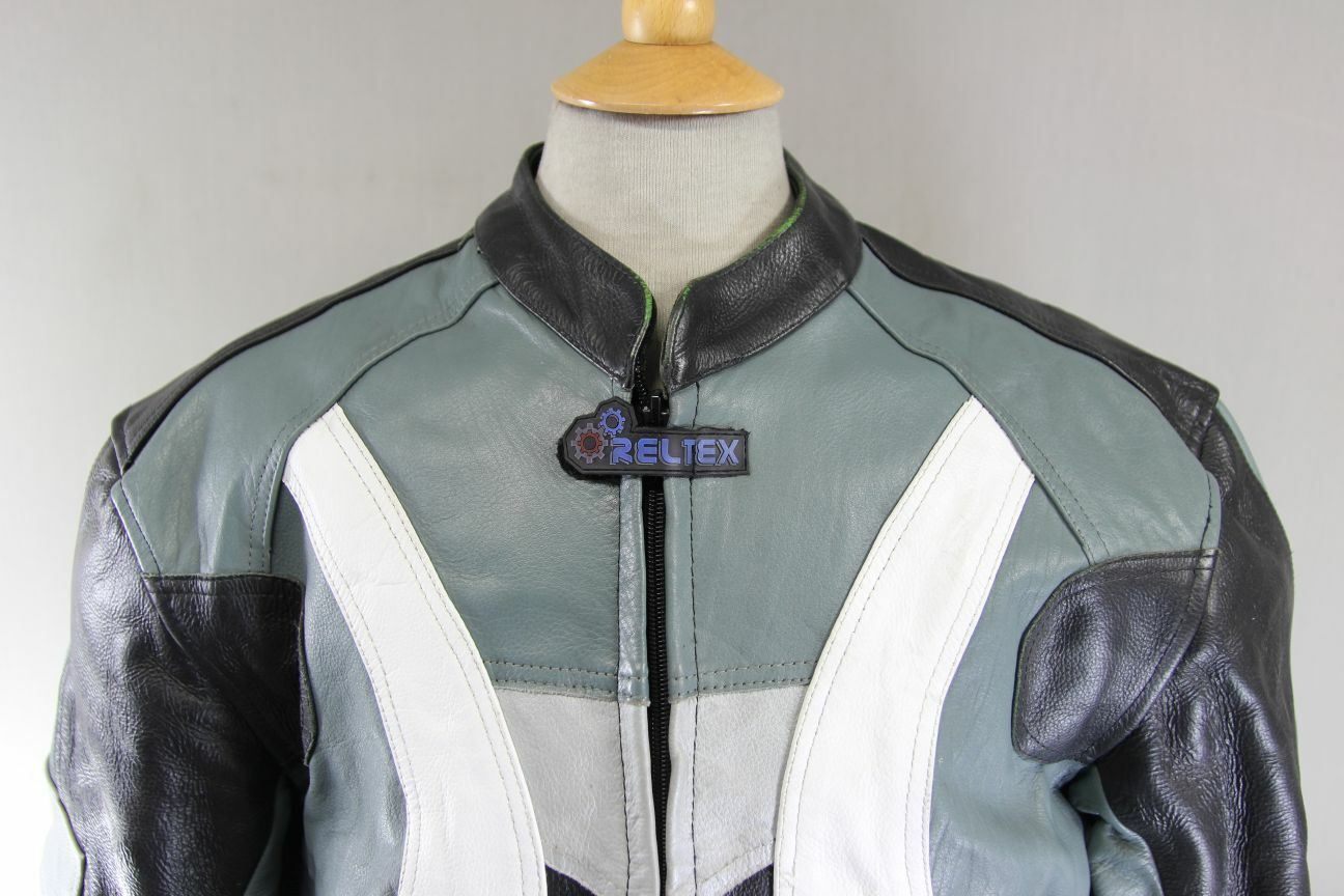 RELTEX BLACK, GREY, WHITE & SILVER LEATHER BIKER JACKET WITH CE ARMOUR 42 INCH