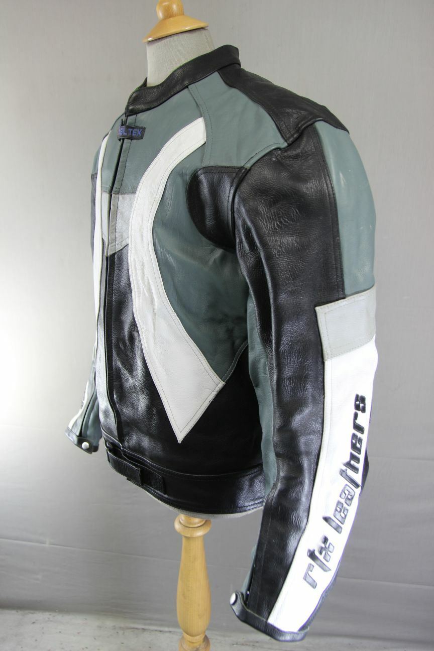 RELTEX BLACK, GREY, WHITE & SILVER LEATHER BIKER JACKET WITH CE ARMOUR 42 INCH
