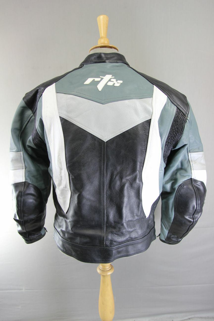 RELTEX BLACK, GREY, WHITE & SILVER LEATHER BIKER JACKET WITH CE ARMOUR 42 INCH