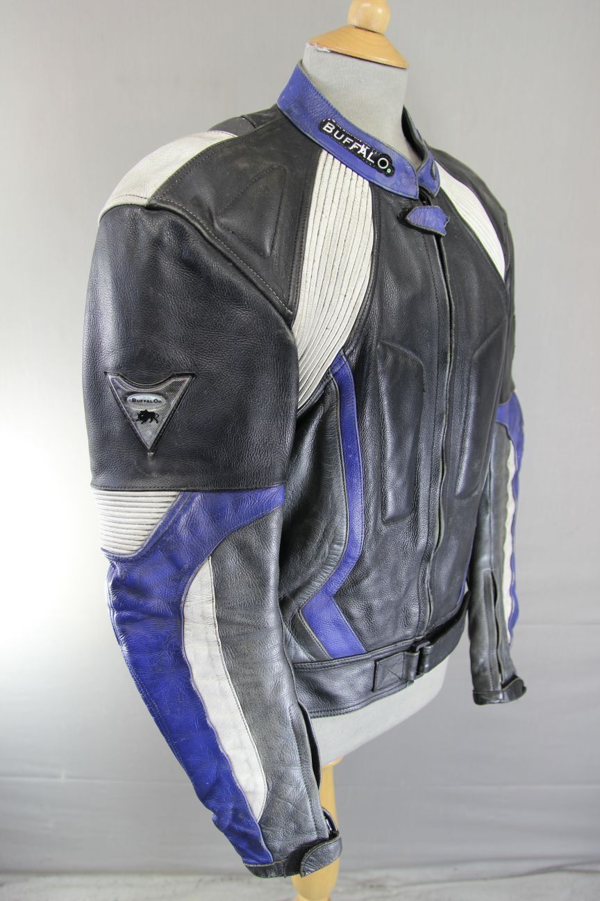 BUFFALO BLACK, SILVER, BLUE & WHITE LEATHER BIKER JACKET WITH CE ARMOUR 40 INCH