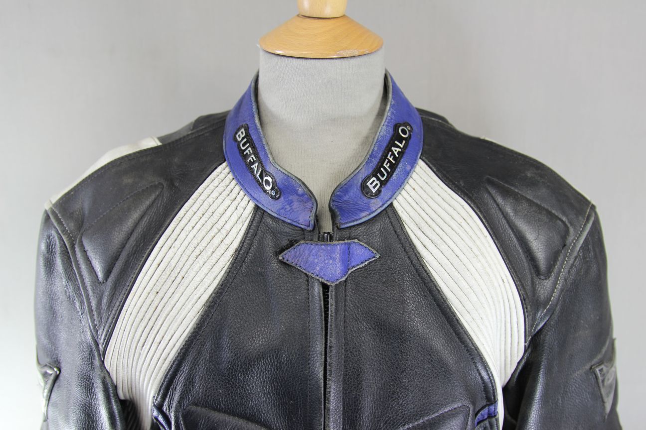 BUFFALO BLACK, SILVER, BLUE & WHITE LEATHER BIKER JACKET WITH CE ARMOUR 40 INCH