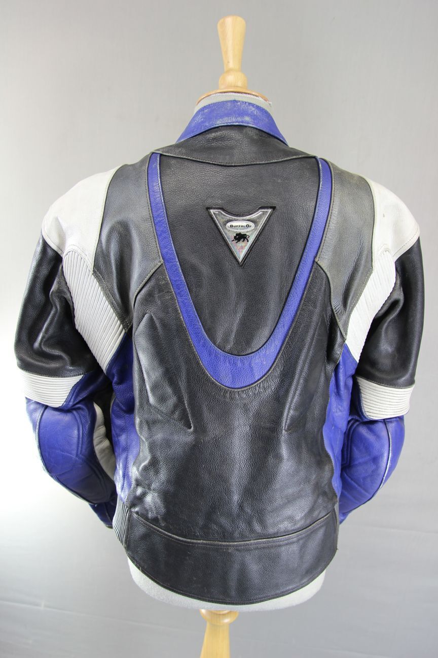 BUFFALO BLACK, SILVER, BLUE & WHITE LEATHER BIKER JACKET WITH CE ARMOUR 40 INCH