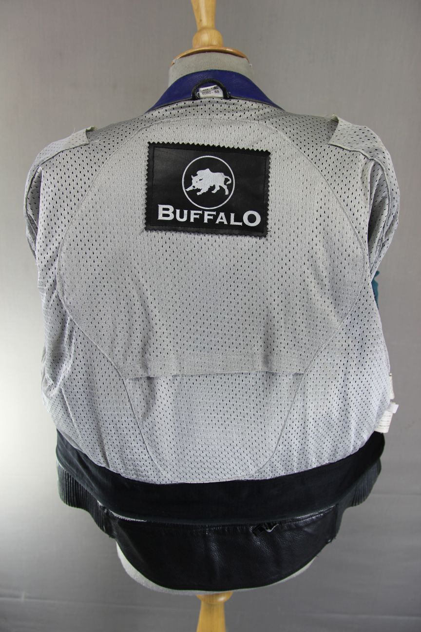 BUFFALO BLACK, SILVER, BLUE & WHITE LEATHER BIKER JACKET WITH CE ARMOUR 40 INCH