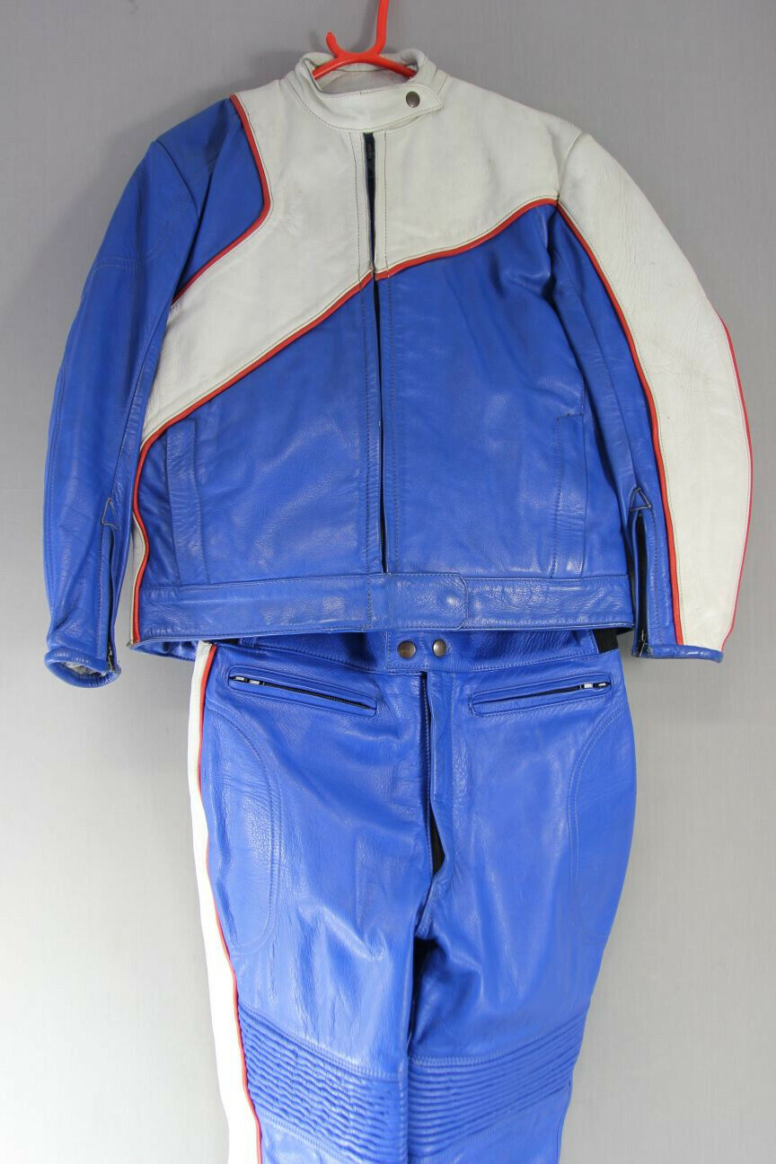 VINTAGE BLUE SWIFT LEATHERS OF NORTHAMPTON 2 PIECE BIKER SUIT CHEST 40/WAIST 32"