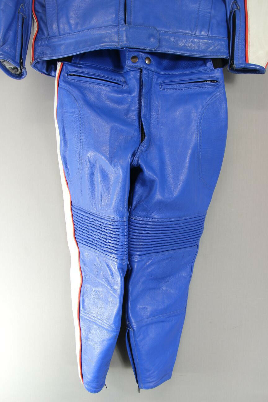 VINTAGE BLUE SWIFT LEATHERS OF NORTHAMPTON 2 PIECE BIKER SUIT CHEST 40/WAIST 32"