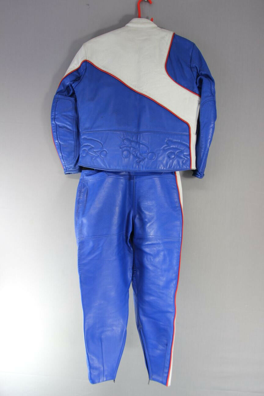 VINTAGE BLUE SWIFT LEATHERS OF NORTHAMPTON 2 PIECE BIKER SUIT CHEST 40/WAIST 32"
