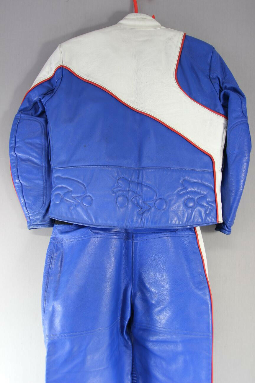 VINTAGE BLUE SWIFT LEATHERS OF NORTHAMPTON 2 PIECE BIKER SUIT CHEST 40/WAIST 32"