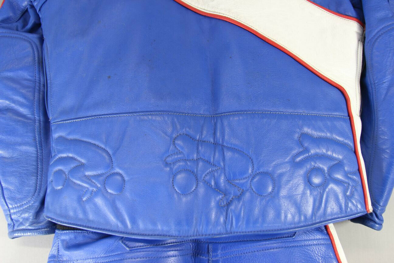 VINTAGE BLUE SWIFT LEATHERS OF NORTHAMPTON 2 PIECE BIKER SUIT CHEST 40/WAIST 32"