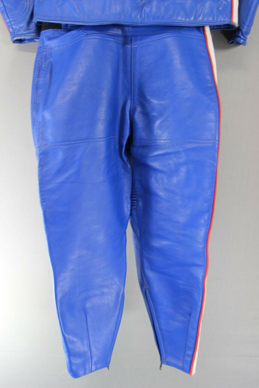 VINTAGE BLUE SWIFT LEATHERS OF NORTHAMPTON 2 PIECE BIKER SUIT CHEST 40/WAIST 32"