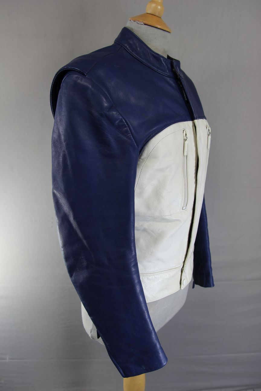 VINTAGE 1970's/1980's BMW MOTORRAD BLUE & CREAM LEATHER BIKER JACKET 36-38 INCH