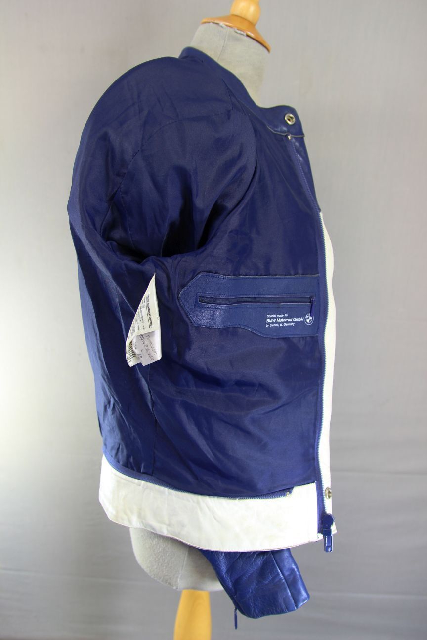 VINTAGE 1970's/1980's BMW MOTORRAD BLUE & CREAM LEATHER BIKER JACKET 36-38 INCH