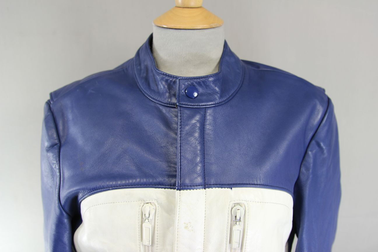 VINTAGE 1970's/1980's BMW MOTORRAD BLUE & CREAM LEATHER BIKER JACKET 36-38 INCH