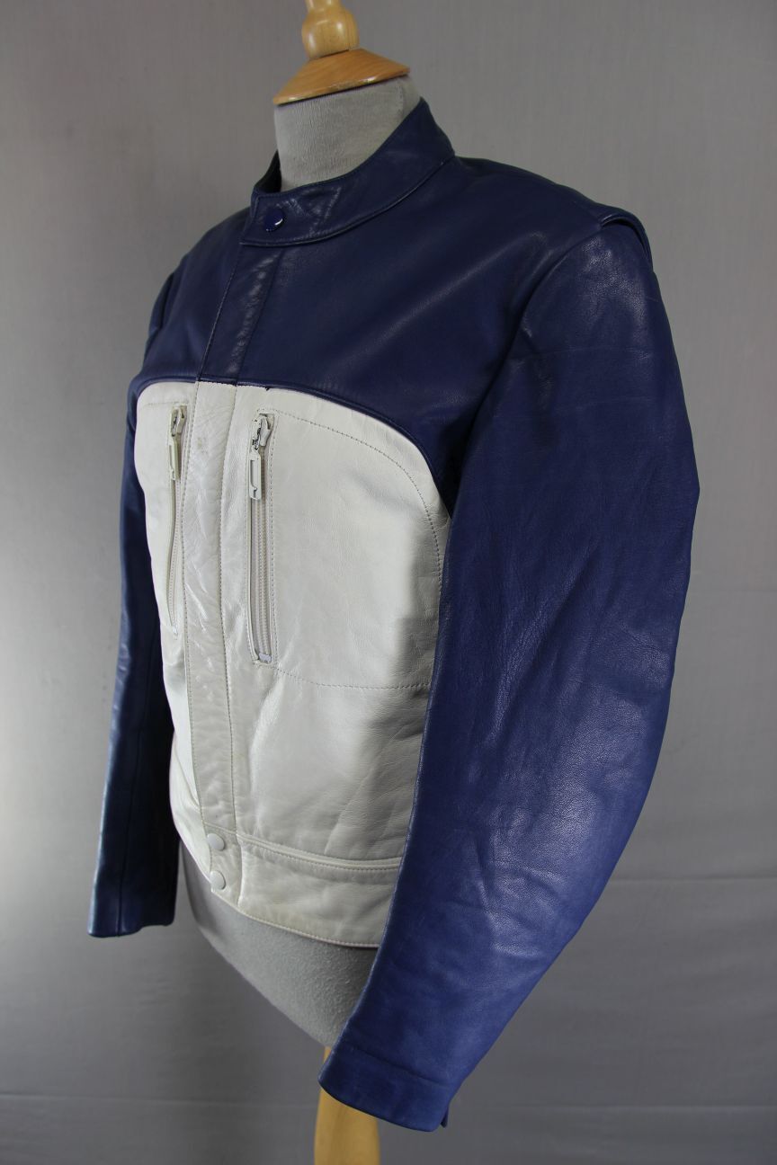 VINTAGE 1970's/1980's BMW MOTORRAD BLUE & CREAM LEATHER BIKER JACKET 36-38 INCH