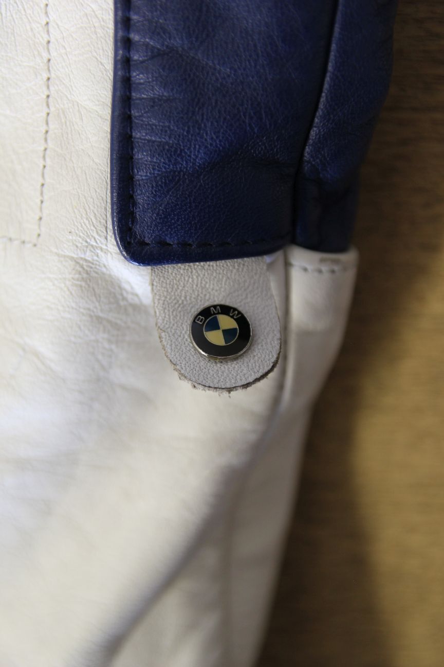 VINTAGE 1970's/1980's BMW MOTORRAD BLUE & CREAM LEATHER BIKER JACKET 36-38 INCH