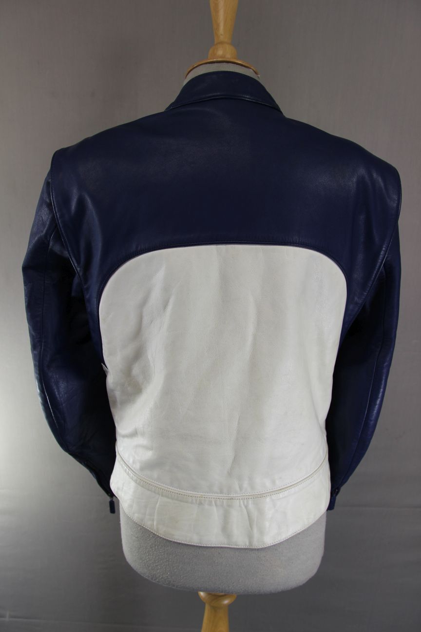 VINTAGE 1970's/1980's BMW MOTORRAD BLUE & CREAM LEATHER BIKER JACKET 36-38 INCH