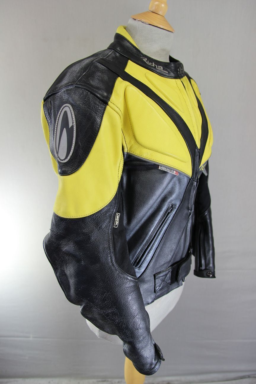 RICHA BLACK, YELLOW & SILVER LEATHER BIKER JACKET WITH CE ARMOUR: SIZE 12