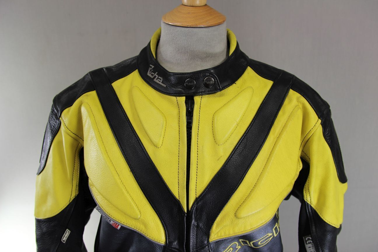RICHA BLACK, YELLOW & SILVER LEATHER BIKER JACKET WITH CE ARMOUR: SIZE 12