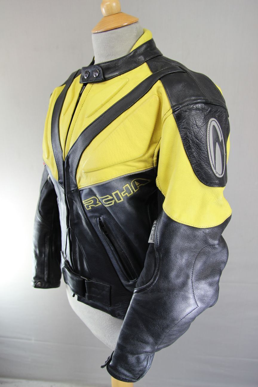 RICHA BLACK, YELLOW & SILVER LEATHER BIKER JACKET WITH CE ARMOUR: SIZE 12