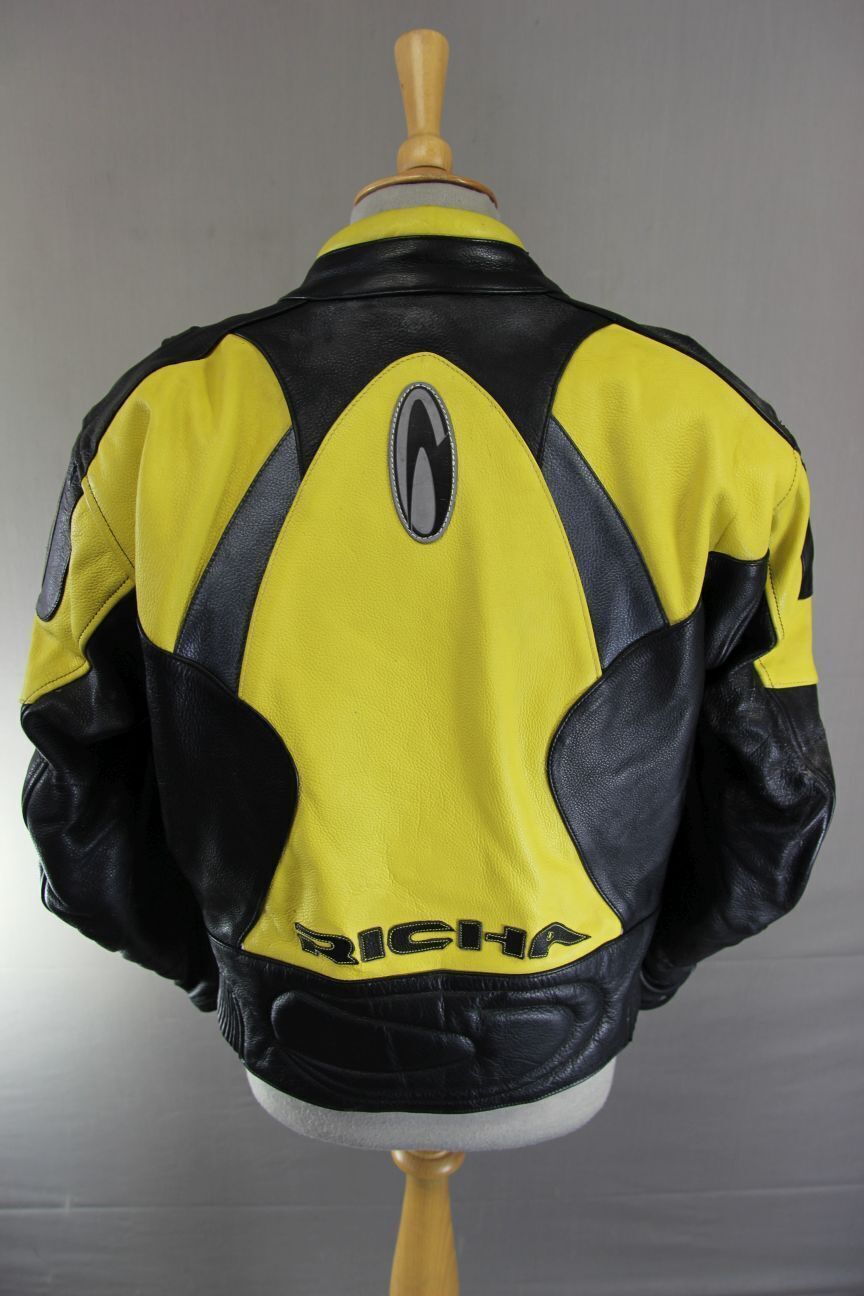 RICHA BLACK, YELLOW & SILVER LEATHER BIKER JACKET WITH CE ARMOUR: SIZE 12