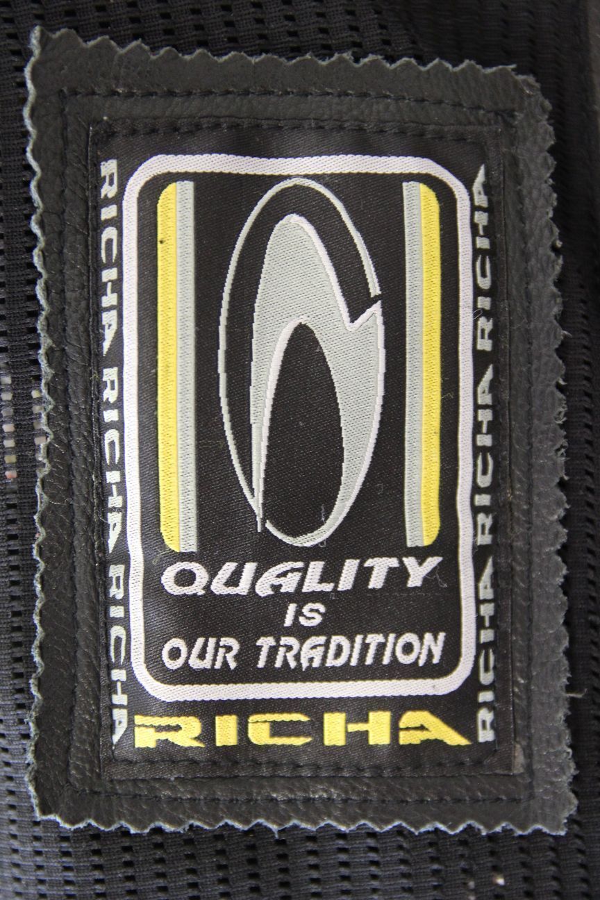 RICHA BLACK, YELLOW & SILVER LEATHER BIKER JACKET WITH CE ARMOUR: SIZE 12