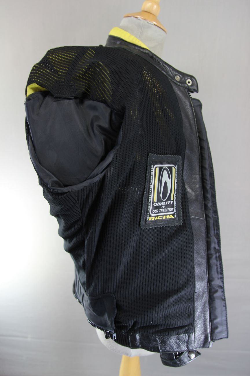 RICHA BLACK, YELLOW & SILVER LEATHER BIKER JACKET WITH CE ARMOUR: SIZE 12