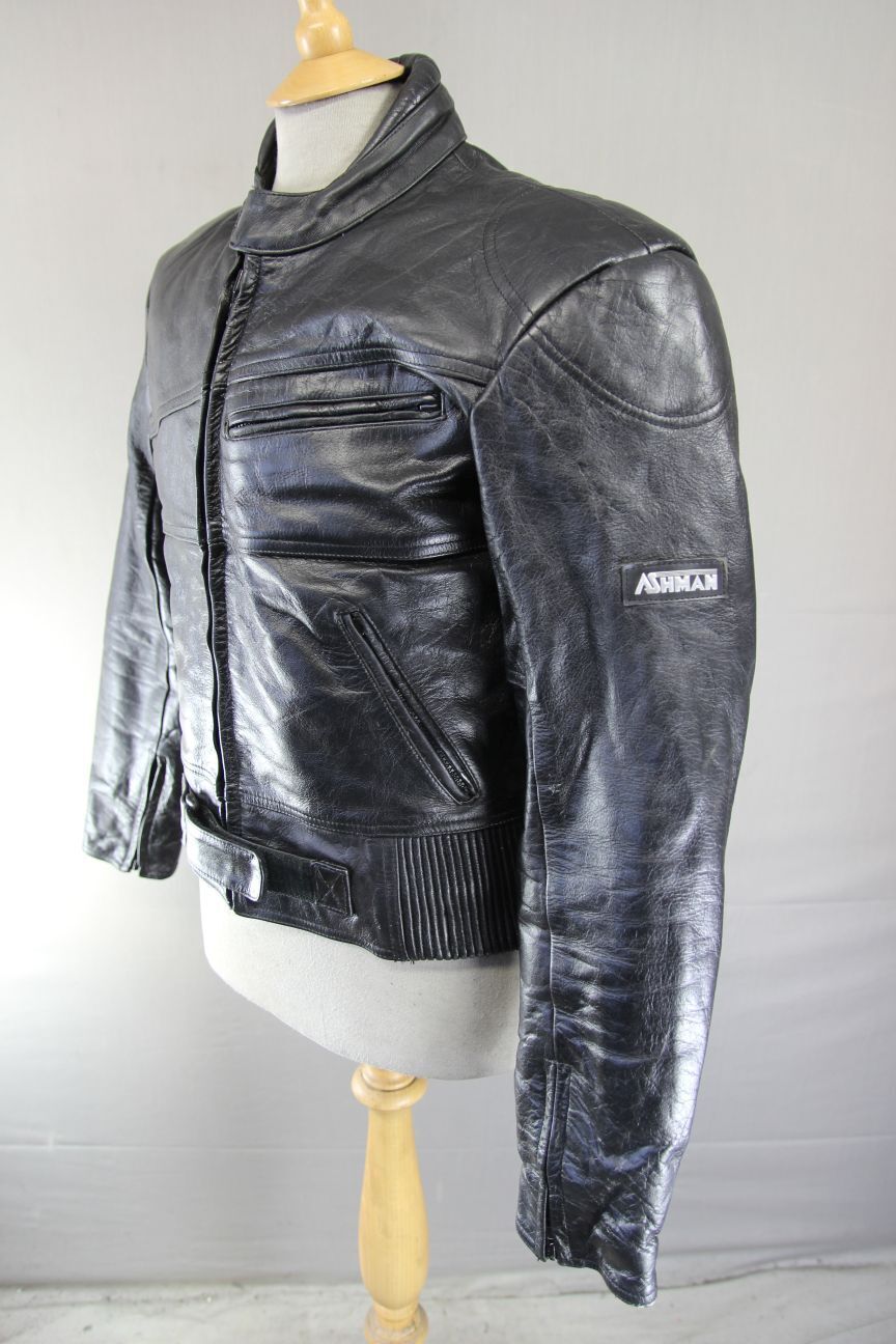 ASHMAN BLACK COWHIDE LEATHER BIKER JACKET + BACK/SHOULDER/ELBOW PROTECTORS 42 IN