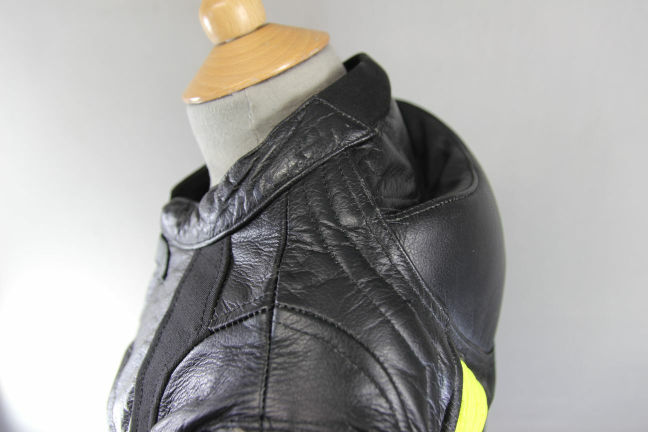 EVIRON BLACK, SILVER & YELLOW LEATHER BIKER JACKET WITH RACE HUMP 36"EXTRA SMALL