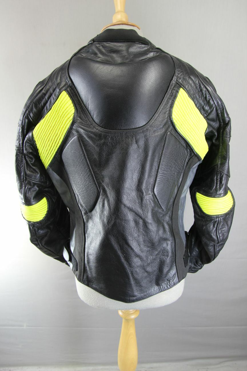 EVIRON BLACK, SILVER & YELLOW LEATHER BIKER JACKET WITH RACE HUMP 36"EXTRA SMALL
