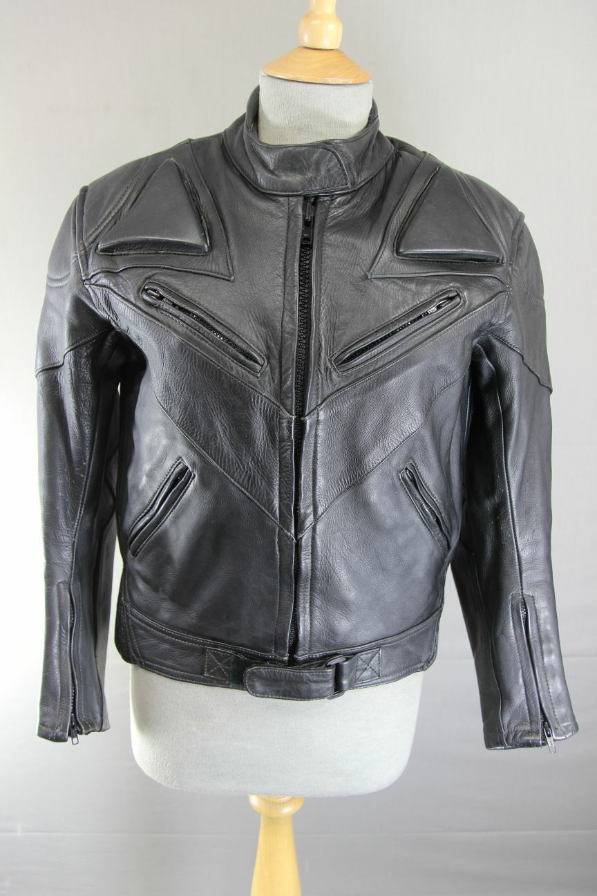 RHINO BRITISH DESIGNED & STYLED BLACK COWHIDE LEATHER BIKER JACKET: SIZE 14