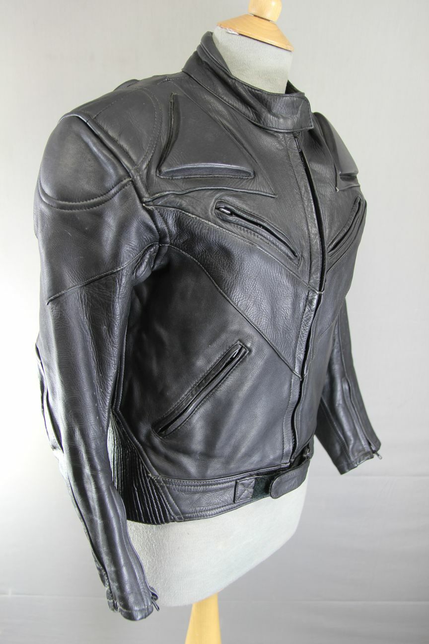 RHINO BRITISH DESIGNED & STYLED BLACK COWHIDE LEATHER BIKER JACKET: SIZE 14