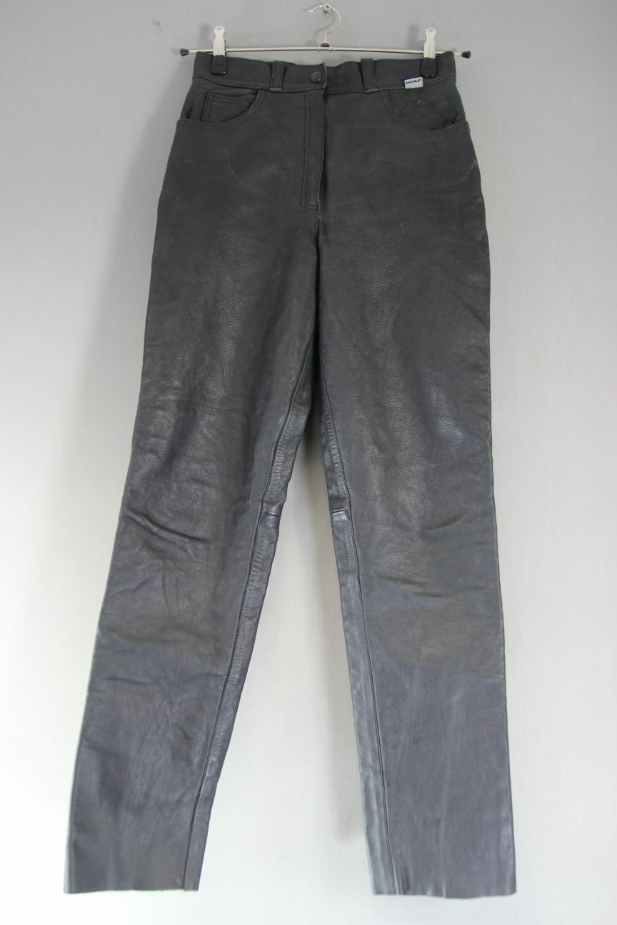WOLF BRITISH MADE BLACK LEATHER BIKER JEANS SIZE 12: WAIST 28IN/INSIDE LEG 32IN