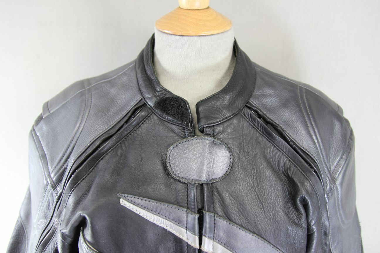 J&S BLACK & SILVER LEATHER BIKER JACKET WITH BACK PROTECTOR & THERMAL LINING 40"