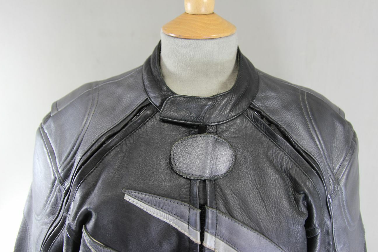 J&S BLACK & SILVER LEATHER BIKER JACKET WITH BACK PROTECTOR & THERMAL LINING 40"