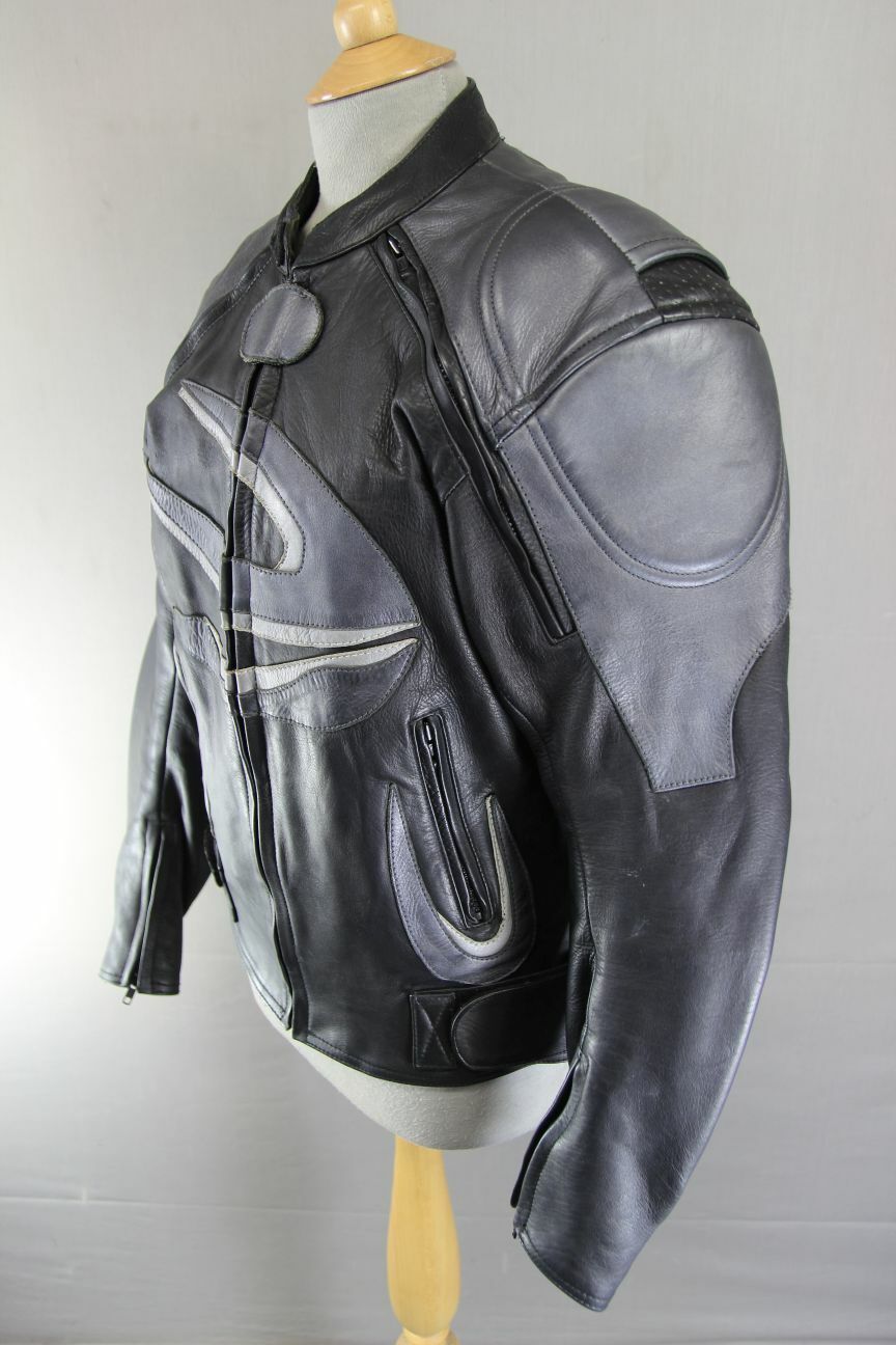 J&S BLACK & SILVER LEATHER BIKER JACKET WITH BACK PROTECTOR & THERMAL LINING 40"