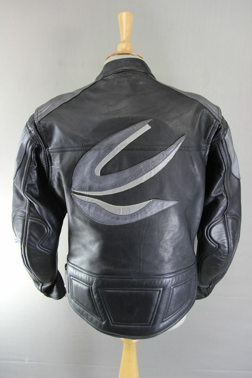 J&S BLACK & SILVER LEATHER BIKER JACKET WITH BACK PROTECTOR & THERMAL LINING 40"