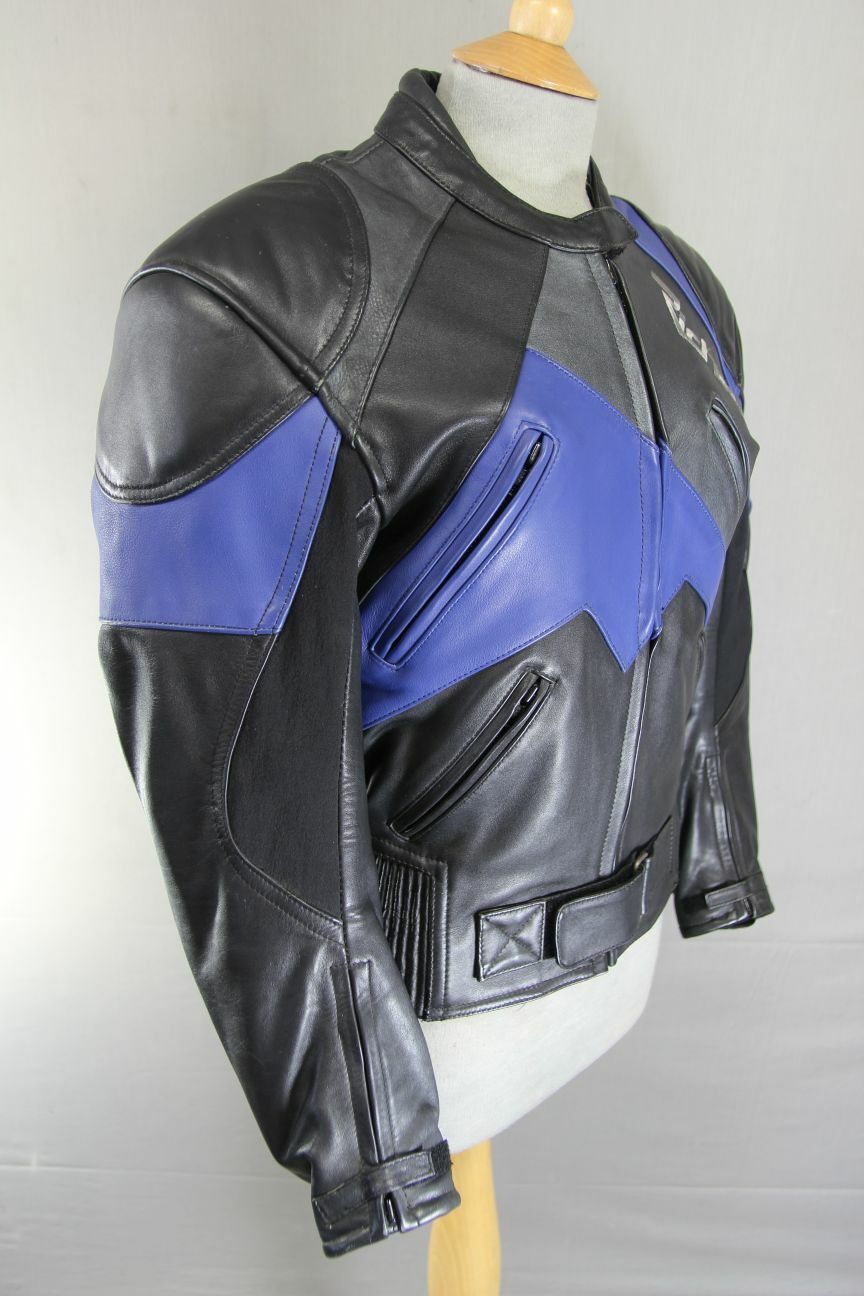 RICHA BLACK, BLUE & SILVER LEATHER BIKER JACKET+CE ARMOUR/THERMAL LINING:SIZE 10