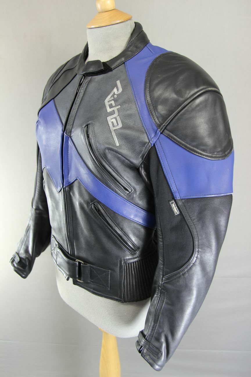 RICHA BLACK, BLUE & SILVER LEATHER BIKER JACKET+CE ARMOUR/THERMAL LINING:SIZE 10