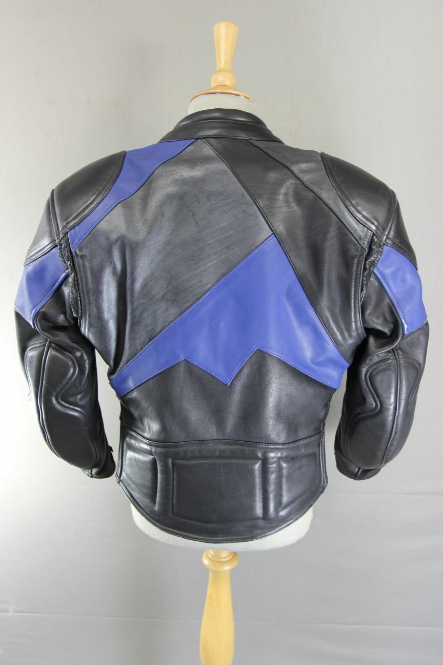 RICHA BLACK, BLUE & SILVER LEATHER BIKER JACKET+CE ARMOUR/THERMAL LINING:SIZE 10